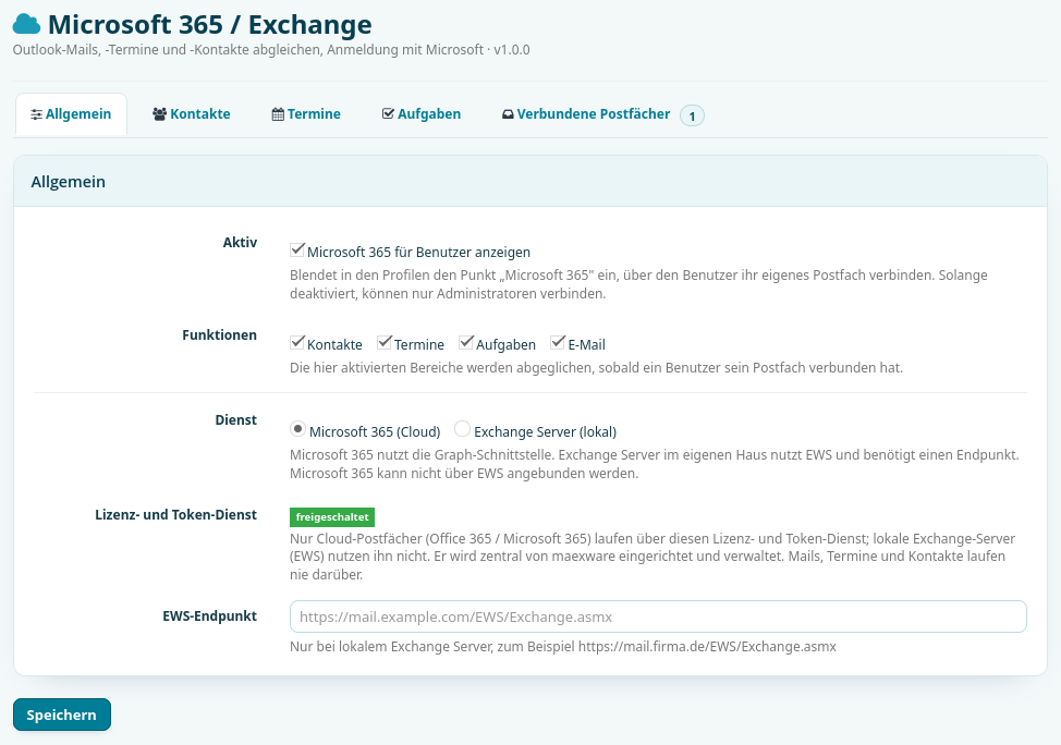 Administration des Moduls Microsoft 365 / Exchange in [x]vtiger mit Freigabe, Funktionen, Dienstauswahl und EWS-Endpunkt