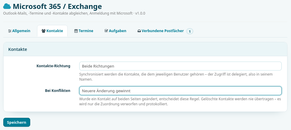 Einstellungen für die Kontakte-Synchronisation in [x]vtiger mit Auswahl der Richtung und der Konfliktregel