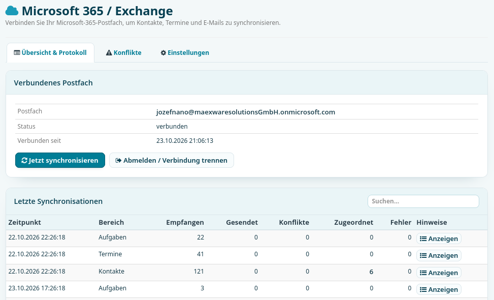 Microsoft 365 / Exchange in [x]vtiger: verbundenes Postfach mit Status und Protokoll der letzten Synchronisationen