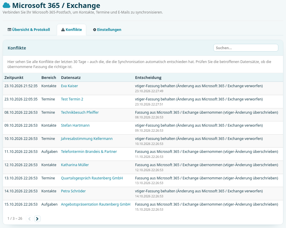 Konfliktliste in [x]vtiger mit Zeitpunkt, Bereich, verlinktem Datensatz und der Entscheidung, ob die [x]vtiger-Fassung behalten oder die Fassung aus Microsoft 365 / Exchange übernommen wurde