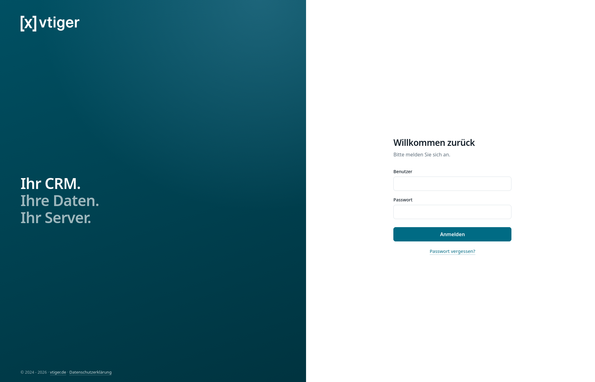 [x]vtiger Anmeldebildschirm mit dem Hinweis Ihr CRM, Ihre Daten, Ihr Server