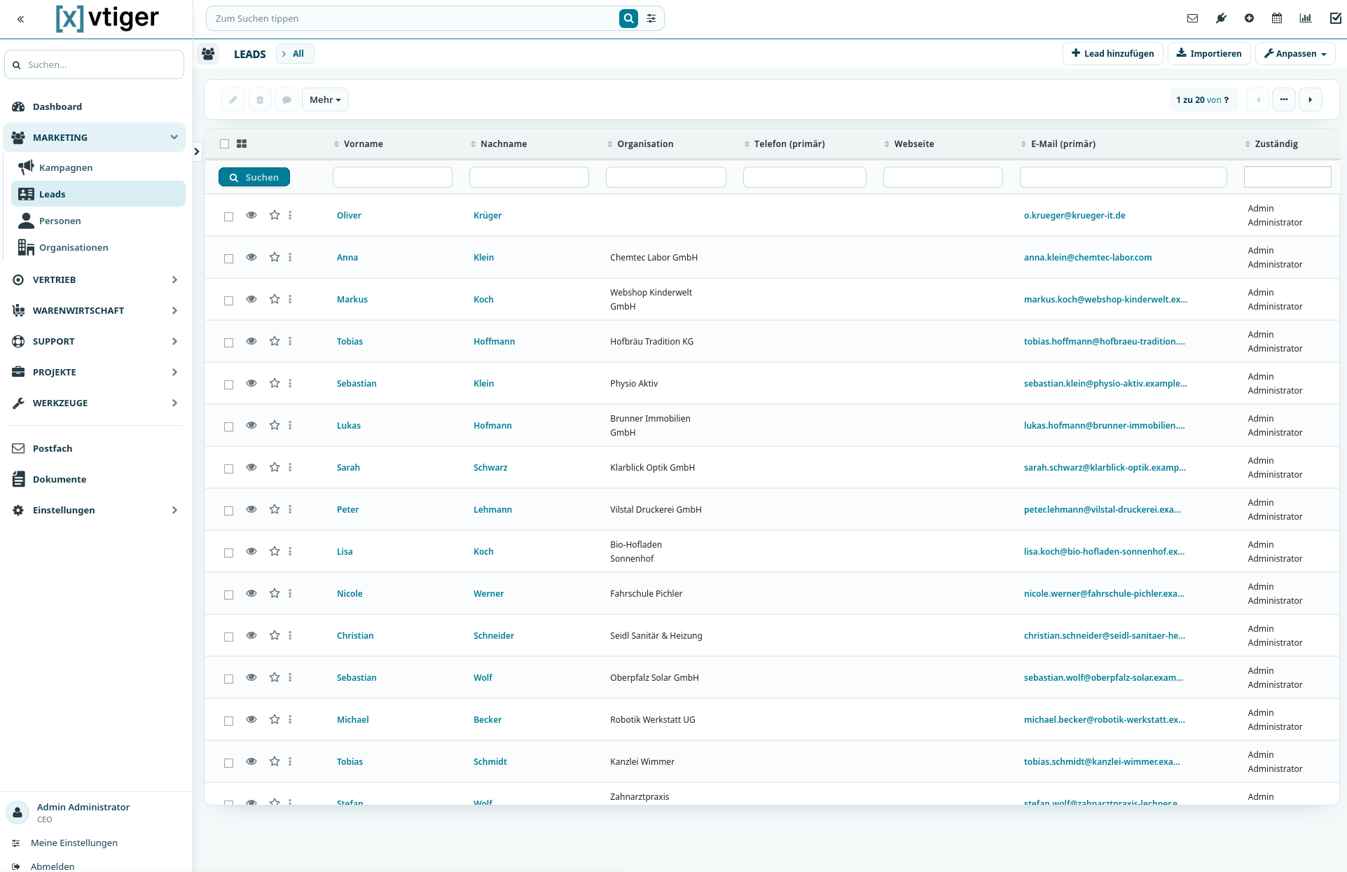 [x]vtiger CRM mit Leadliste und Geschäftsbereichen