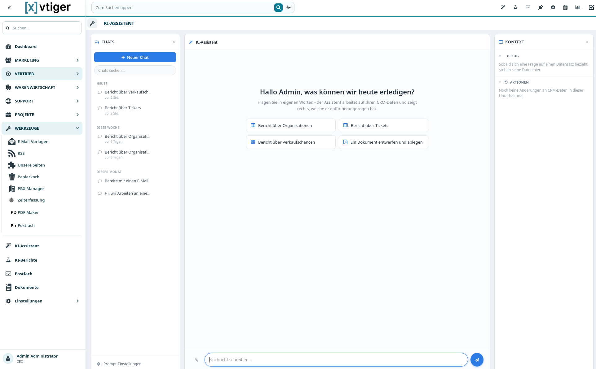 [x]vtiger KI-Assistent mit Chat und Kontextbereich